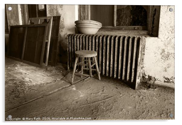 Broken stool on Ellis Island Acrylic by Mary Rath