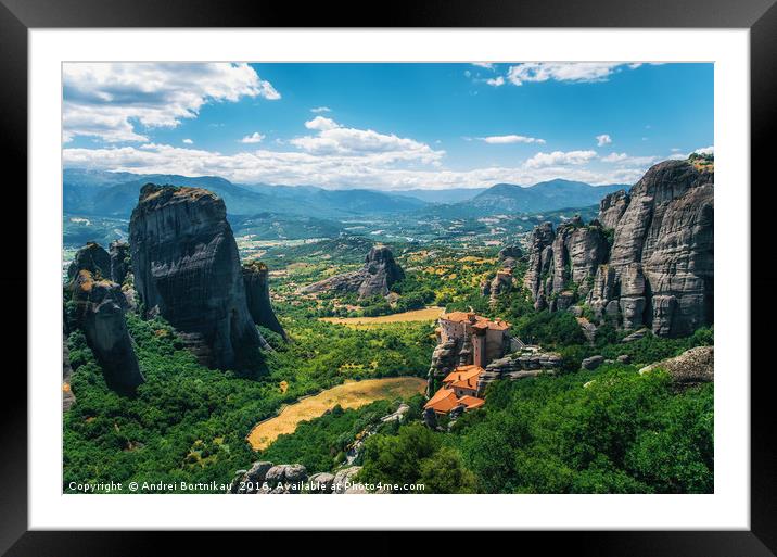 Mountain scenery with Meteora rocks and Roussanou  Framed Mounted Print by Andrei Bortnikau