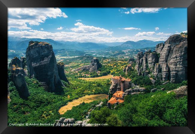 Mountain scenery with Meteora rocks and Roussanou  Framed Print by Andrei Bortnikau