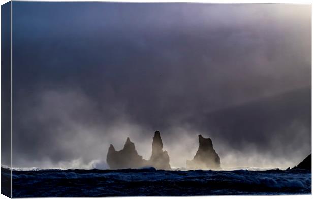 Reynisdrangar sea stacks from beach  - Icelandic V Canvas Print by Gail Johnson