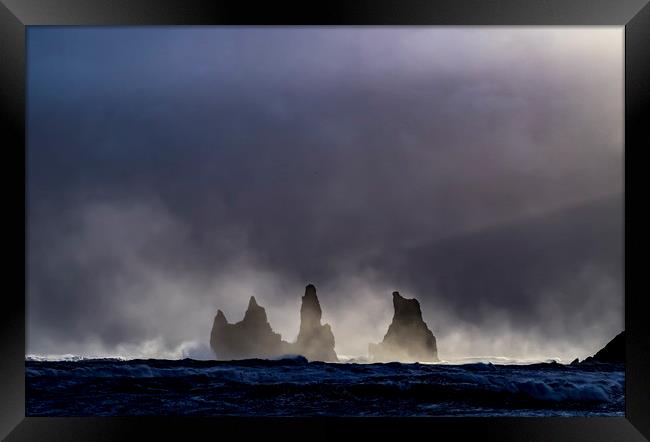 Reynisdrangar sea stacks from beach  - Icelandic V Framed Print by Gail Johnson