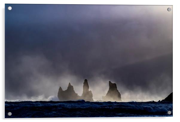 Reynisdrangar sea stacks from beach  - Icelandic V Acrylic by Gail Johnson