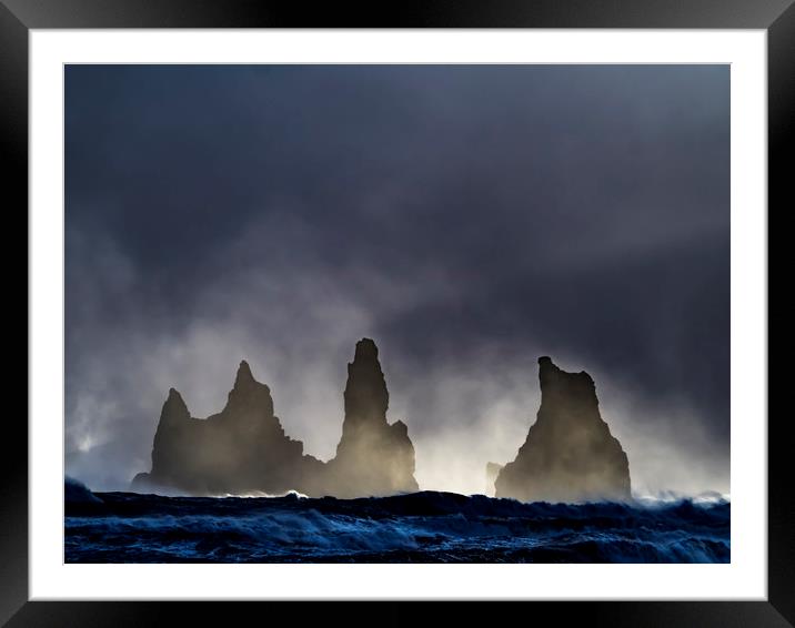 Reynisdrangar sea stacks from beach  - Icelandic V Framed Mounted Print by Gail Johnson