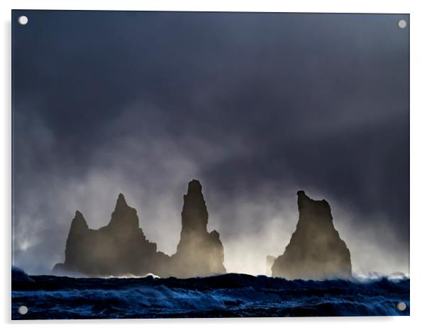 Reynisdrangar sea stacks from beach  - Icelandic V Acrylic by Gail Johnson