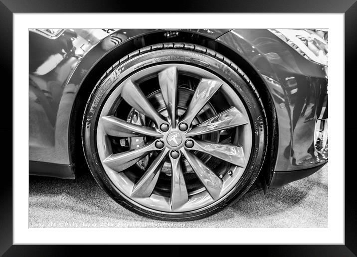 Close up monochrome photo of a Tesla electric car  Framed Mounted Print by Naylor's Photography