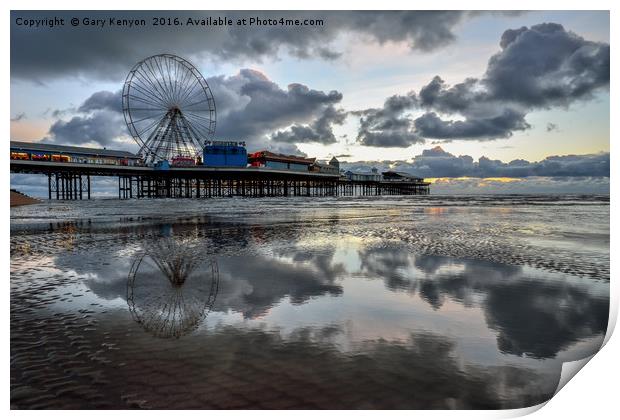 Reflections on the beach at sunset Print by Gary Kenyon