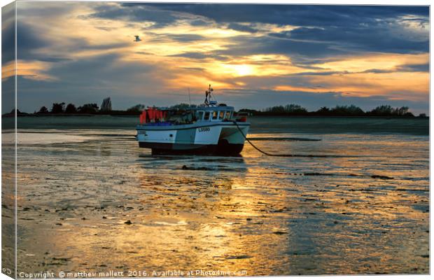 Low Tide Fishing Boat and Seagull Sunset Canvas Print by matthew  mallett