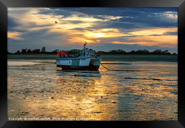 Low Tide Fishing Boat and Seagull Sunset Framed Print by matthew  mallett