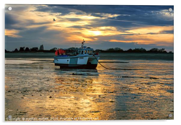 Low Tide Fishing Boat and Seagull Sunset Acrylic by matthew  mallett