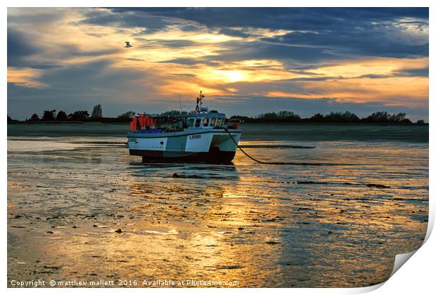 Low Tide Fishing Boat and Seagull Sunset Print by matthew  mallett