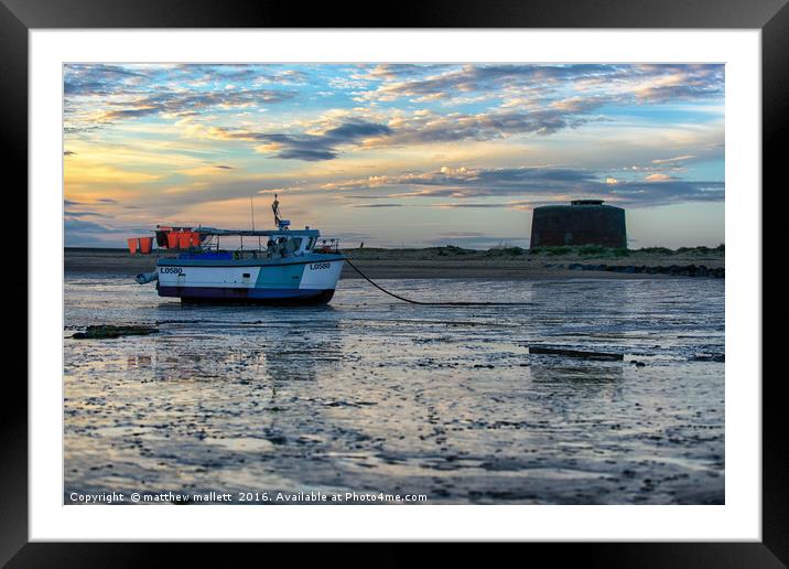 Martello Tower and Fishing Boat Sunset Framed Mounted Print by matthew  mallett