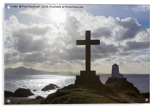 Llanddwyn Cross and Twr Mawr Silhouette Anglesey Acrylic by Pearl Bucknall