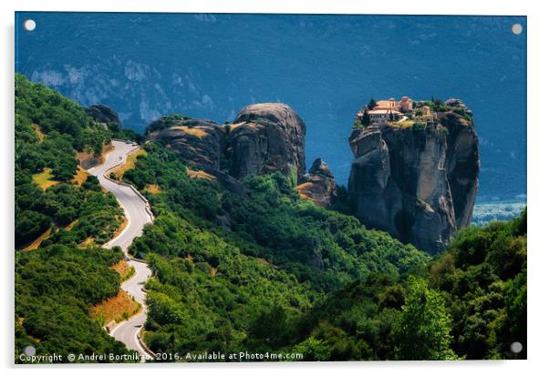 The Сurve road to Holy Trinity Monastery, Meteora, Acrylic by Andrei Bortnikau