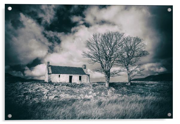 Highland Cottage, monochrome. Acrylic by David Hare