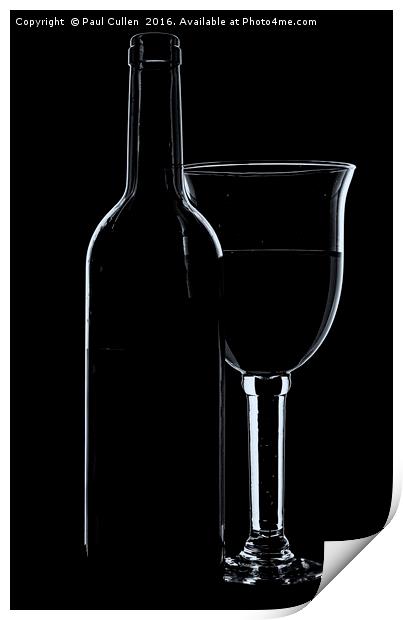 Wine glass and bottle - mono with cool tones. Print by Paul Cullen