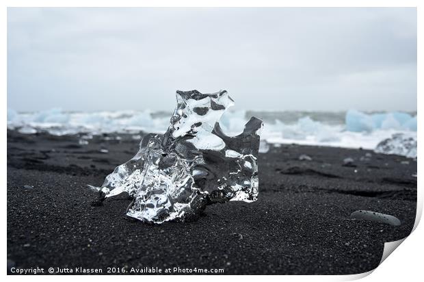 Crystal ice on black sand Print by Jutta Klassen
