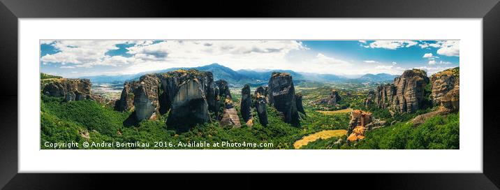 Panoramic view of Meteora monasteries in Greece Framed Mounted Print by Andrei Bortnikau