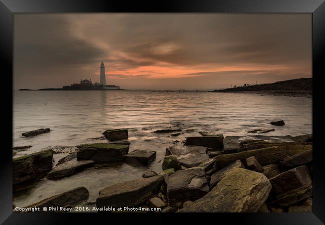 Sunrise at St Mary`s island Framed Print by Phil Reay