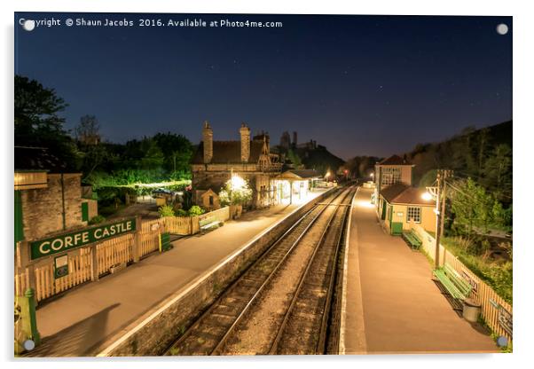 Corfe castle train station by night  Acrylic by Shaun Jacobs
