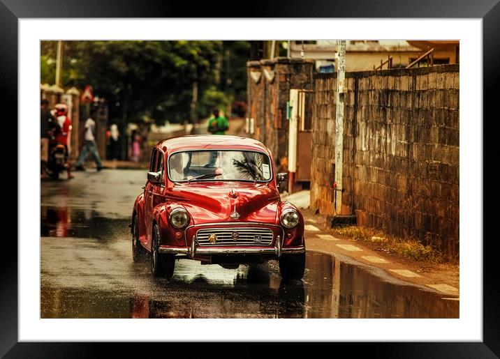 Red RetroMobile. Morris Minor Framed Mounted Print by Jenny Rainbow