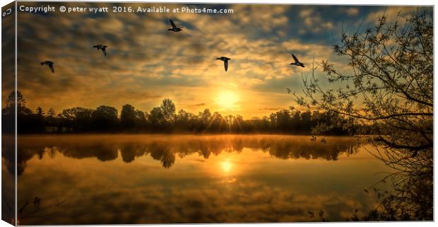 Bury Lake with ducks fly past Canvas Print by peter wyatt