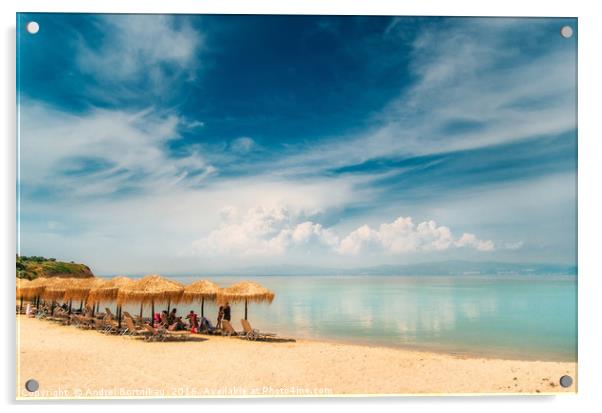 Thatch umbrella and sunbeds on greek beach Acrylic by Andrei Bortnikau