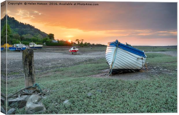 An Old Boat at Sunset on Porlock Weir Canvas Print by Helen Hotson