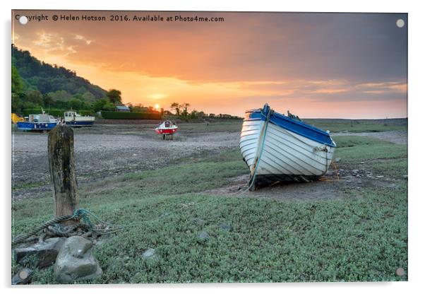 An Old Boat at Sunset on Porlock Weir Acrylic by Helen Hotson