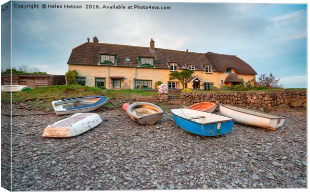 Cottages at Porlock Weir on the Somerset Coast Canvas Print by Helen Hotson