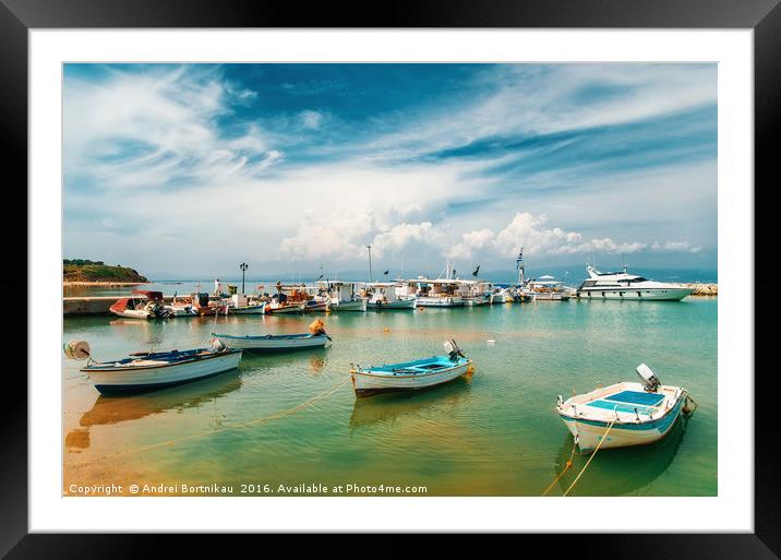 Sunny view of boats, yachts from Nea Fokia, Halkid Framed Mounted Print by Andrei Bortnikau