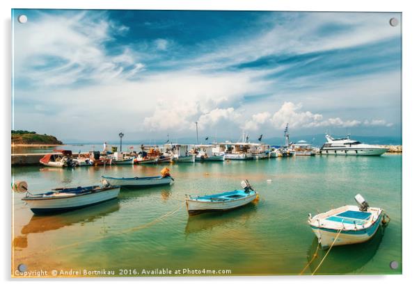 Sunny view of boats, yachts from Nea Fokia, Halkid Acrylic by Andrei Bortnikau