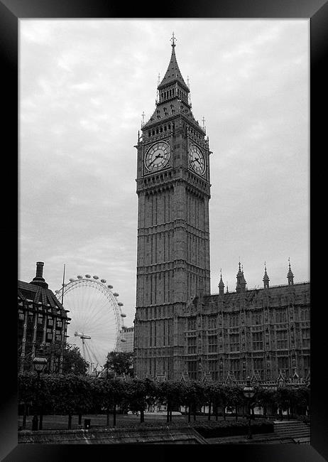 Big Ben and the Eye in Black and White Framed Print by Chris Day
