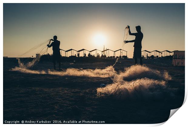 Fishermen at Sunset Print by Andrey Karbukov