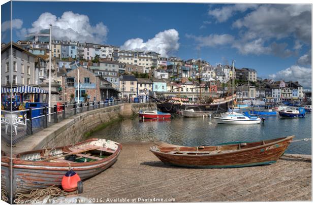 Brixham Harbour and the Golden Hind  Canvas Print by Rosie Spooner