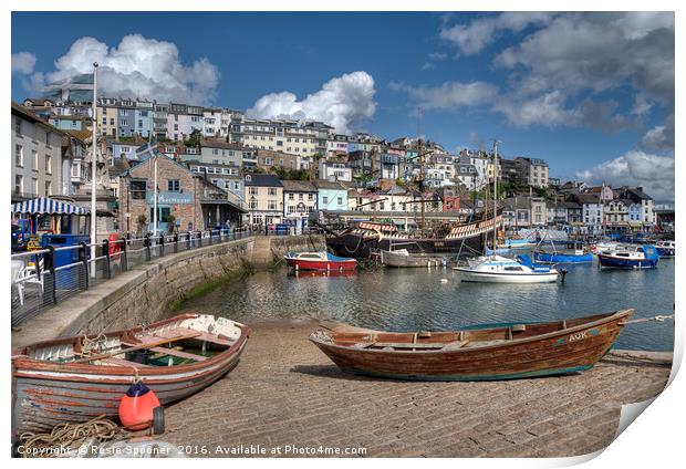 Brixham Harbour and the Golden Hind  Print by Rosie Spooner