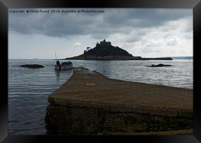 Boat leaves the mainland for St Michael's Mount Framed Print by Philip Pound