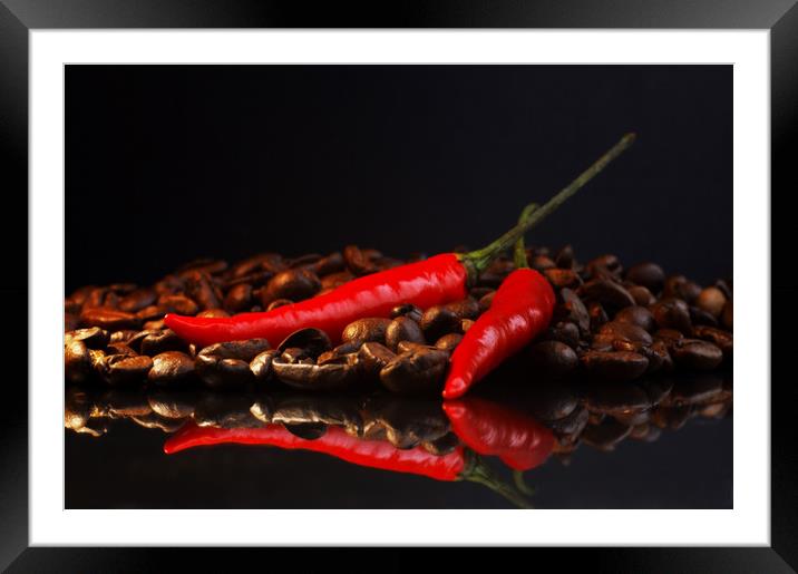 Black coffee and red chili in contrast  Framed Mounted Print by Tanja Riedel