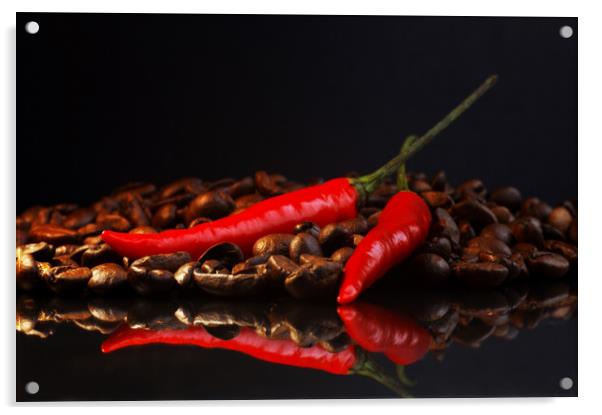 Black coffee and red chili in contrast  Acrylic by Tanja Riedel