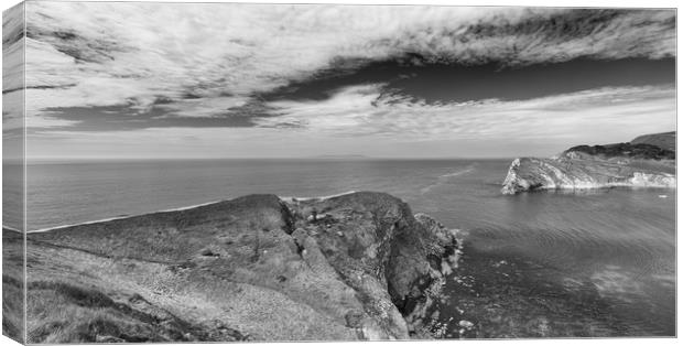 The entrance to Lulworth Cove in Monochrome.  Canvas Print by Mark Godden