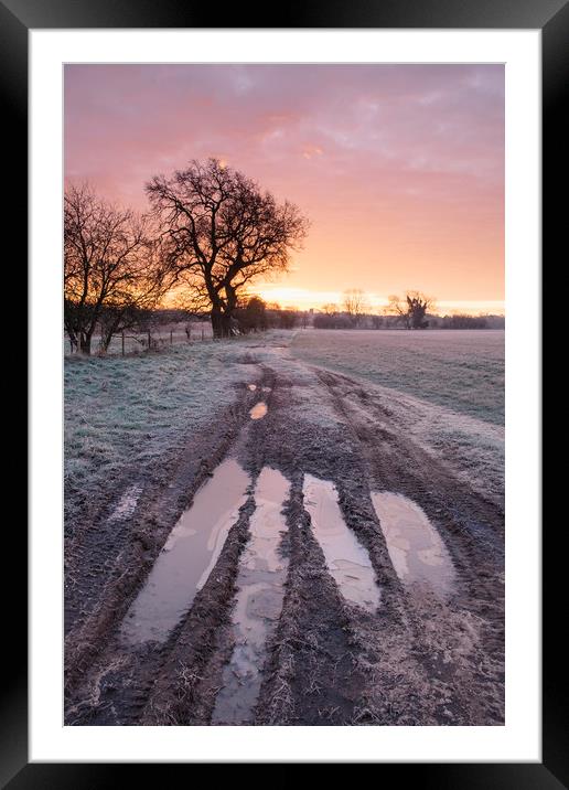 Frozen farm track at sunrise. Cressingham, Norfolk Framed Mounted Print by Liam Grant