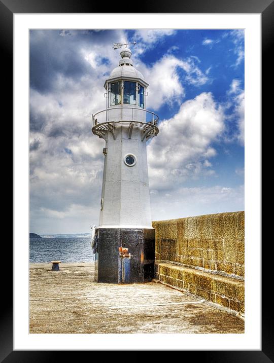 Mevagissey outer harbour Lighthouse Cornwall Framed Mounted Print by Mike Gorton