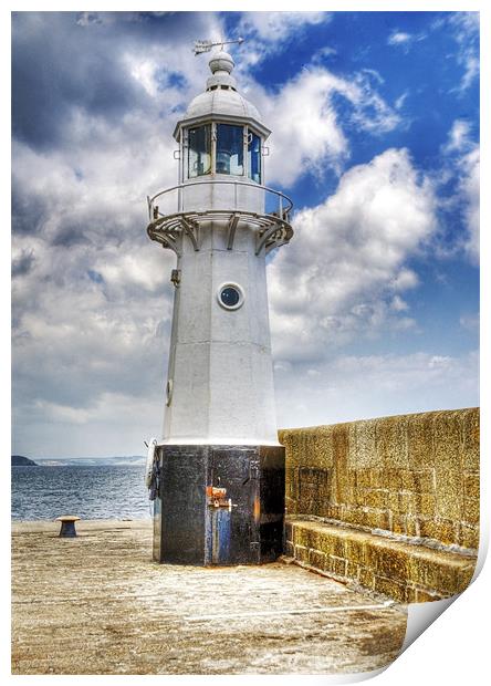 Mevagissey outer harbour Lighthouse Cornwall Print by Mike Gorton