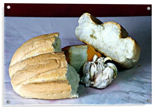 Bread and garlic Acrylic by Jose Manuel Espigares Garc