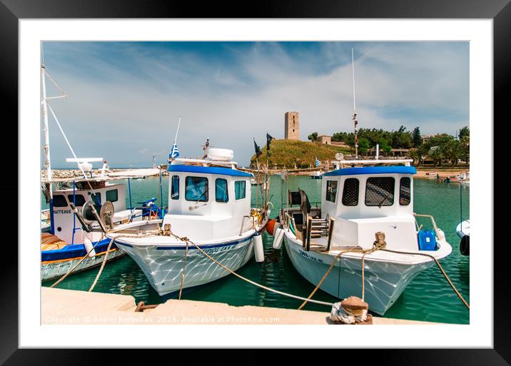 Boats in the background of Nea-Fokea Tower, Greece Framed Mounted Print by Andrei Bortnikau