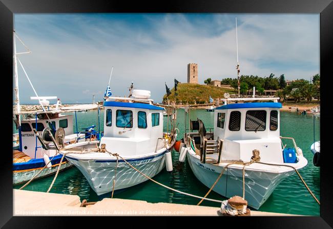 Boats in the background of Nea-Fokea Tower, Greece Framed Print by Andrei Bortnikau