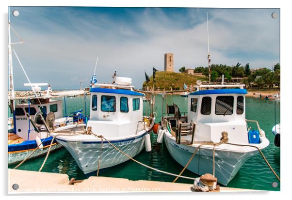 Boats in the background of Nea-Fokea Tower, Greece Acrylic by Andrei Bortnikau