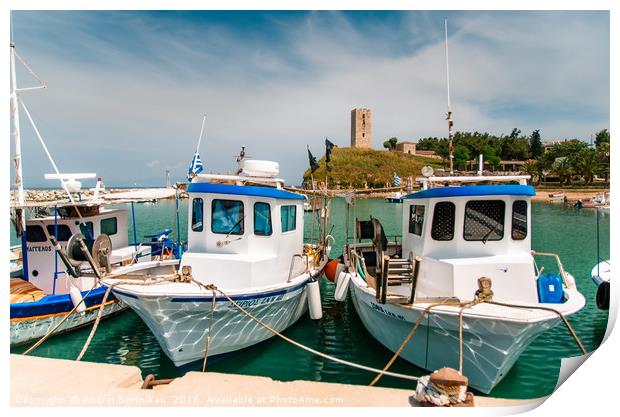 Boats in the background of Nea-Fokea Tower, Greece Print by Andrei Bortnikau