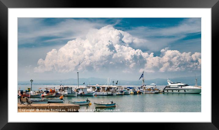 Big cloud over boats, yachts and Aegean sea, Greec Framed Mounted Print by Andrei Bortnikau