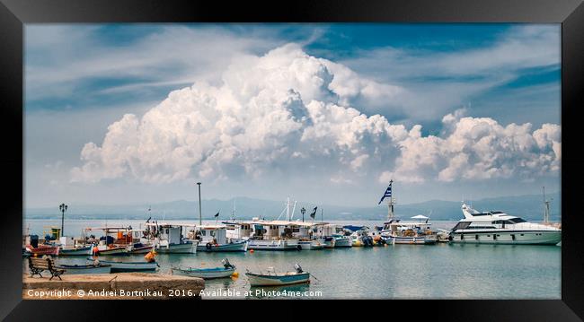Big cloud over boats, yachts and Aegean sea, Greec Framed Print by Andrei Bortnikau