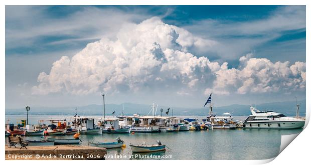 Big cloud over boats, yachts and Aegean sea, Greec Print by Andrei Bortnikau